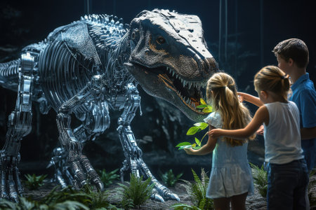 Three children engage with a lifelike robotic dinosaur, exploring the exhibit in a science museum.の写真素材