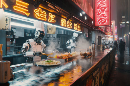In a lively night market filled with neon lights, robots skillfully cook and serve various dishes.の写真素材