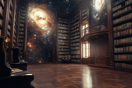 A grand library features walls adorned with galaxy designs, rich wood furnishings, and a quiet atmosphere.の写真素材