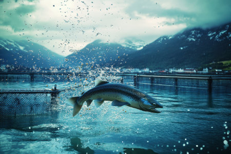 A salmon jumps gracefully from the water, creating splashes in a tranquil fjord with mountains in the background.の写真素材