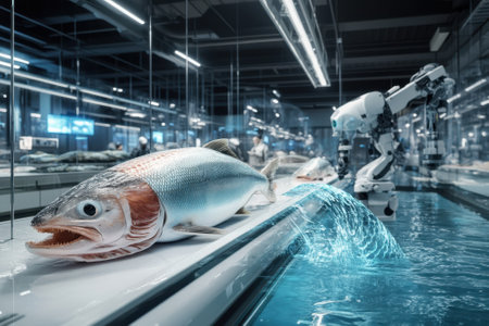 Advanced robotic technology aids workers in processing fish efficiently in a state-of-the-art facility.の写真素材