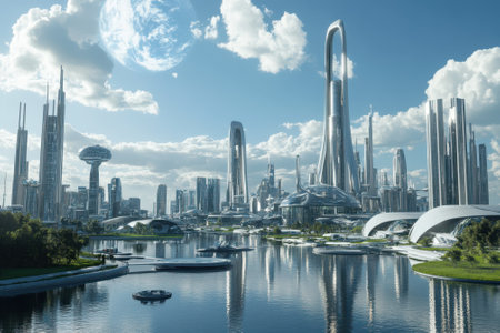 A breathtaking view of a modern city with innovative architecture alongside a calm river during daytime.の写真素材