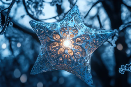 A glowing star-shaped light decoration hangs from frosty branches in a tranquil setting during twilight.の写真素材