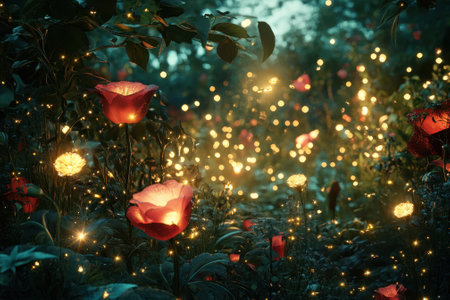 A vibrant garden showcases glowing roses and twinkling lights as twilight descends, creating a dreamlike atmosphere.の写真素材