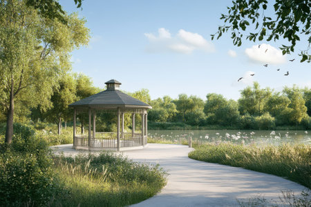 A beautiful gazebo sits on the edge of a calm lake, embraced by vibrant trees and a clear blue sky.の写真素材