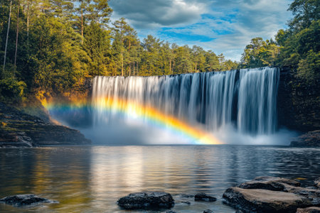 A powerful waterfall cascades into a tranquil lake, forming a beautiful rainbow under a cloudy sky.の写真素材