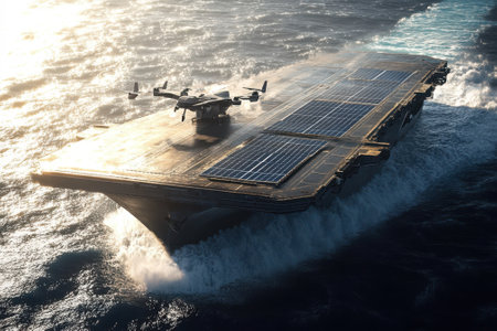 A futuristic aircraft carrier equipped with solar panels operates on the ocean under bright sunlight.の写真素材