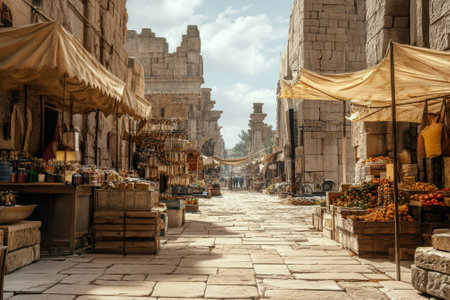 Vibrant market activity fills the ancient stone alley with colorful stalls offering fresh produce and goods.の写真素材