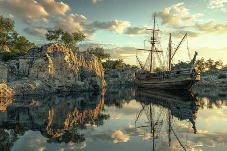 A majestic old sailing ship rests near a rocky shoreline, reflecting in calm waters during sunset.の写真素材