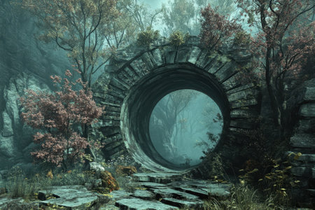 A captivating stone archway stands amidst a mystical forest, enveloped in soft fog and autumn hues.の写真素材