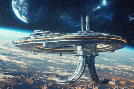 A massive space station hovers above a planet, with intricate designs and glowing lights against a starry background.の写真素材