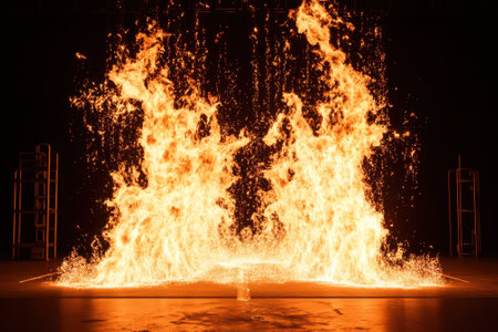 A breathtaking combination of fire and water erupts in a live performance, captivating the audience.の写真素材