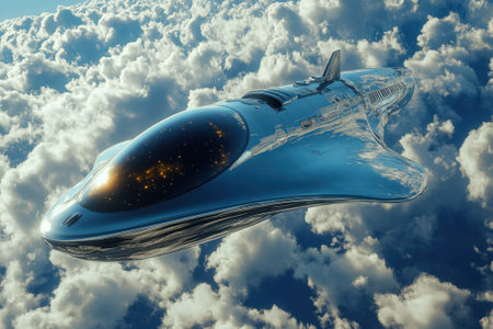 A sleek, modern spacecraft soars above fluffy clouds, reflecting a beautiful starlit sky in its surface.の写真素材