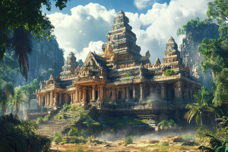 Majestic structure rises above the forest, showing intricate carvings under bright sunlight with clouds above.の写真素材