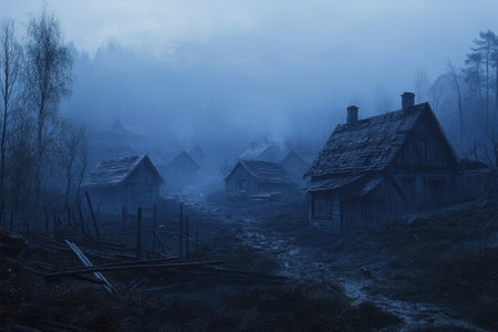 Pale mist surrounds dilapidated houses creating an eerie atmosphere in the early morning light.の写真素材