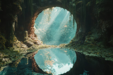 Light streams through a circular opening, revealing a tranquil pond surrounded by lush greenery and fog.の写真素材