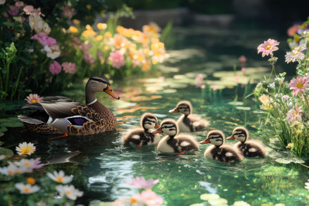 A mother duck guides her seven ducklings through a colorful pond filled with aquatic plants and flowers.の写真素材