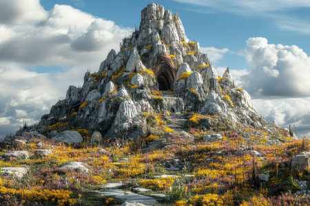 A stunning mountain rises, adorned with vibrant wildflowers and a secret cave entrance, basking in sunlight.の写真素材