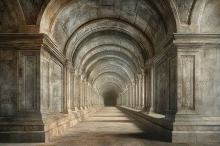 An expansive corridor features intricate arches and stone pillars, creating a sense of depth and mystery.の写真素材