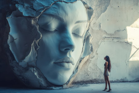 A woman gazes up at a massive sculpted face embedded in a concrete wall in an abandoned urban location.の写真素材