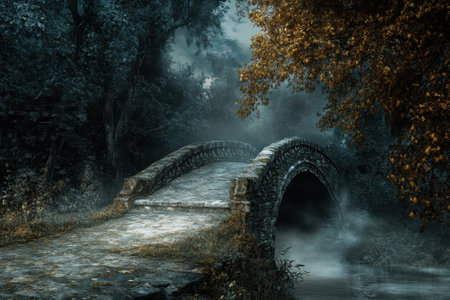 A weathered stone bridge arches over a quiet stream surrounded by dark, misty woods at dusk.の写真素材