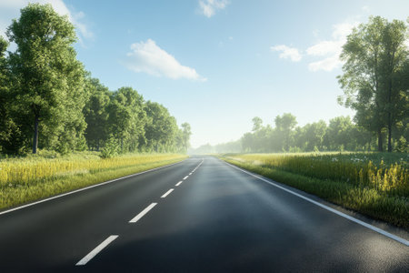 A serene country road stretches into the distance, surrounded by verdant trees and blooming fields under a clear sky.の写真素材