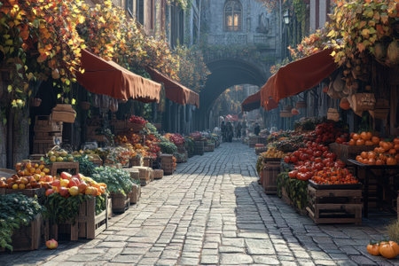 Stalls filled with fresh fruits and vegetables line a cobblestone street adorned with fall leaves.の写真素材