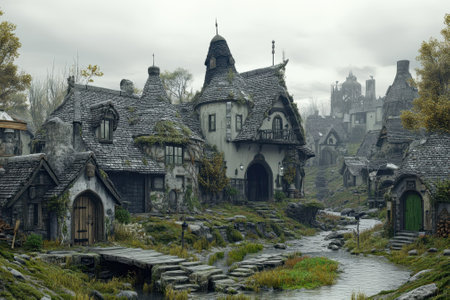 A tranquil village showcasing whimsical, moss-covered houses beside flowing water in a fantasy landscape.の写真素材