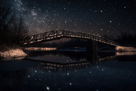A beautiful bridge reflects on water under a starlit sky, creating a peaceful ambiance at night.の写真素材