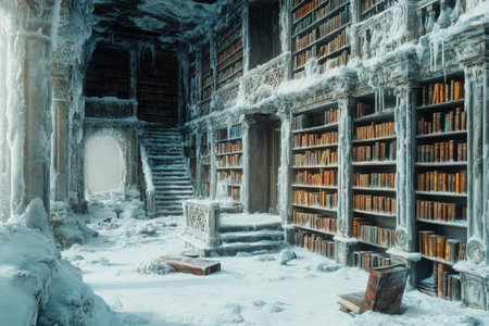 A library filled with snow and ice, ancient books covered in frost, creating a desolate and cold atmosphere.の写真素材