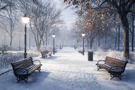 A serene park path blanketed in snow features empty benches and glowing streetlights under a cloudy sky.の写真素材