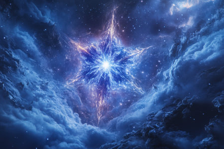 Blue and white light radiates from a star-like shape among swirling cosmic clouds in deep space.の写真素材