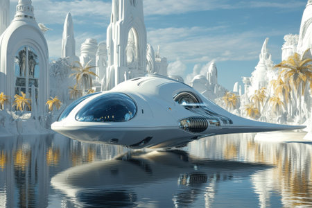 A sleek, white vehicle navigates calm waters surrounded by stunning, futuristic architecture and palm trees.の写真素材
