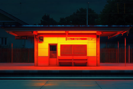A train station illuminated in warm orange hues stands empty at dusk, inviting travelers and commuters.の写真素材