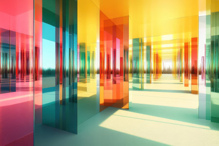 Brightly colored glass panels create a stunning corridor reflecting sunlight and vibrant hues.の写真素材