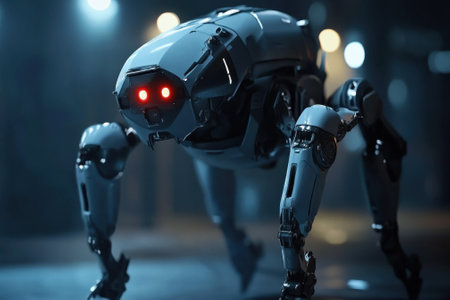 A robotic creature with red eyes navigates through a dark urban area, showing advanced technology and design.の写真素材