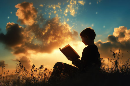 A child is enjoying reading a book while sitting on a hill as the sun sets, creating a beautiful silhouette.の写真素材