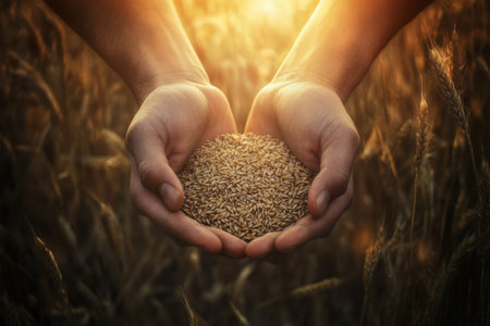 Two hands cradle grains under a golden sunset sky in a serene wheat field, symbolizing harvest and abundance.の写真素材