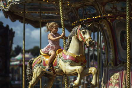 A girl in a pink dress rides a beautifully decorated carousel horse at a lively summer fair.の写真素材
