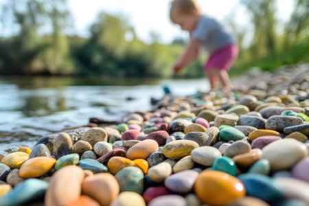 A young child interacts with vibrant pebbles along the riverbank under sunlight, enjoying nature.の写真素材