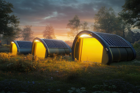 Three tiny homes are illuminated by warm lights against a dusky sky, showcasing eco-friendly design with solar energy.の写真素材