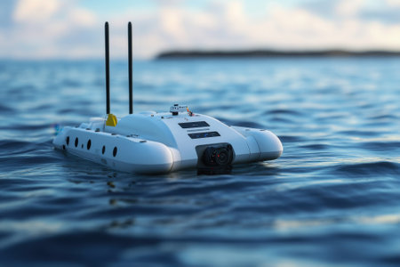 Advanced underwater robotic vehicle operates on the surface, capturing data in coastal waters during daytime.の写真素材