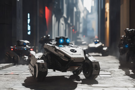Robotic vehicles patrol a narrow alley in a bustling futuristic city, showcasing advanced technology and design.の写真素材