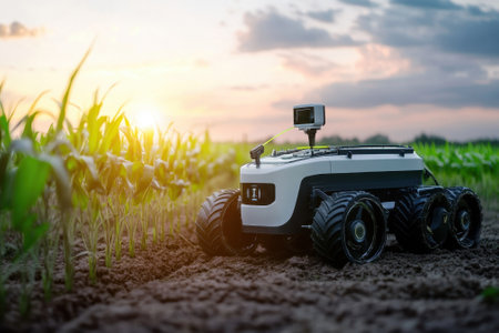 A robotic device moves through a cornfield during sunset, assisting with agricultural tasks and monitoring crops.の写真素材