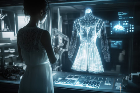 A designer observes a holographic dress model in a high-tech studio, showcasing innovative fashion technology.の写真素材