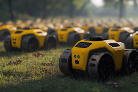 Small, yellow robots roam a green field, showing advanced technology under bright sunlight.の写真素材