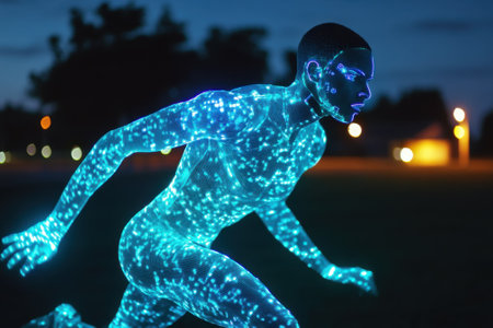 A figure sprints through a park at night, illuminated by vibrant glowing body art resembling stars.の写真素材
