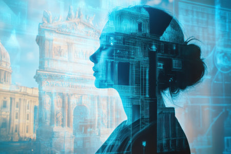 A woman's silhouette stands in front of an abstract cityscape merging technology with historic structures.の写真素材