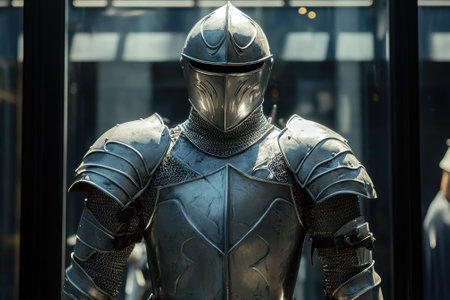 A suit of shiny knight armor stands prominently in a contemporary museum, showing its historical significance.の写真素材