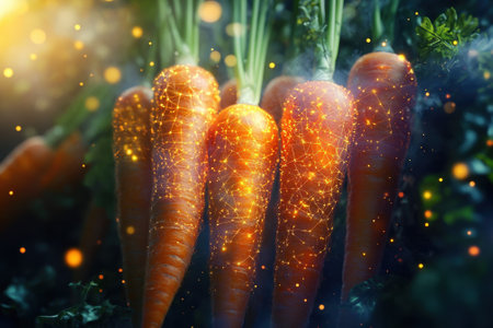 Colorful carrots stand upright, illuminated with a magical glow among dark, leafy surroundings.の写真素材